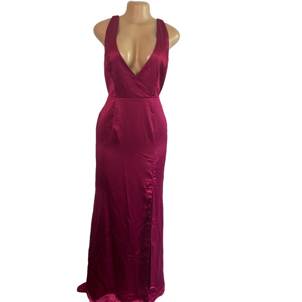 Adrianna Papell Magenta Satin Deep V Maxi Gown